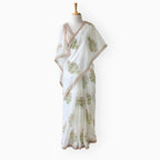 Hand Block Printed Mul Chanderi Saree Saree Pure White & Beige Mul Chanderi Saree