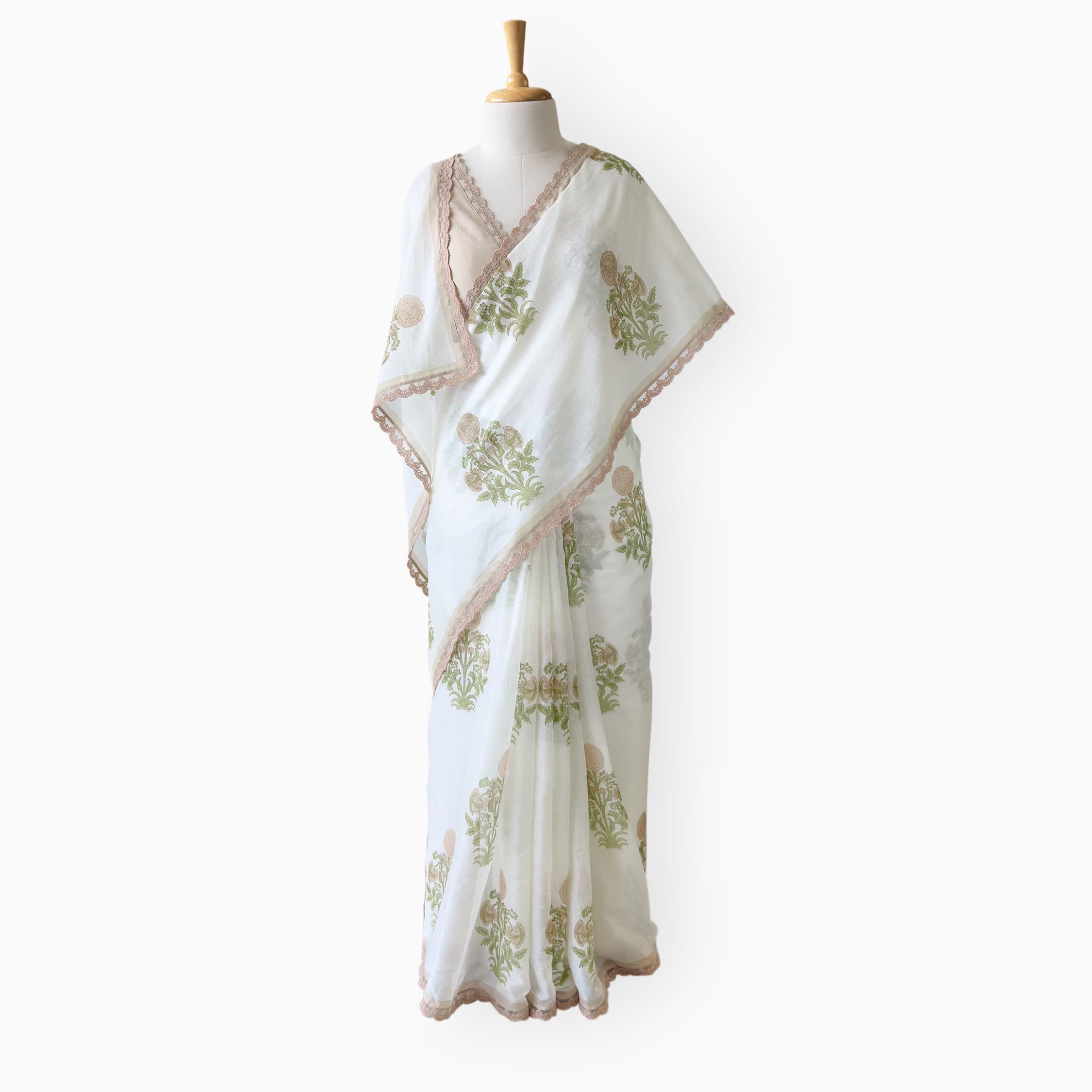 Hand Block Printed Mul Chanderi Saree Saree Pure White & Beige Mul Chanderi Saree
