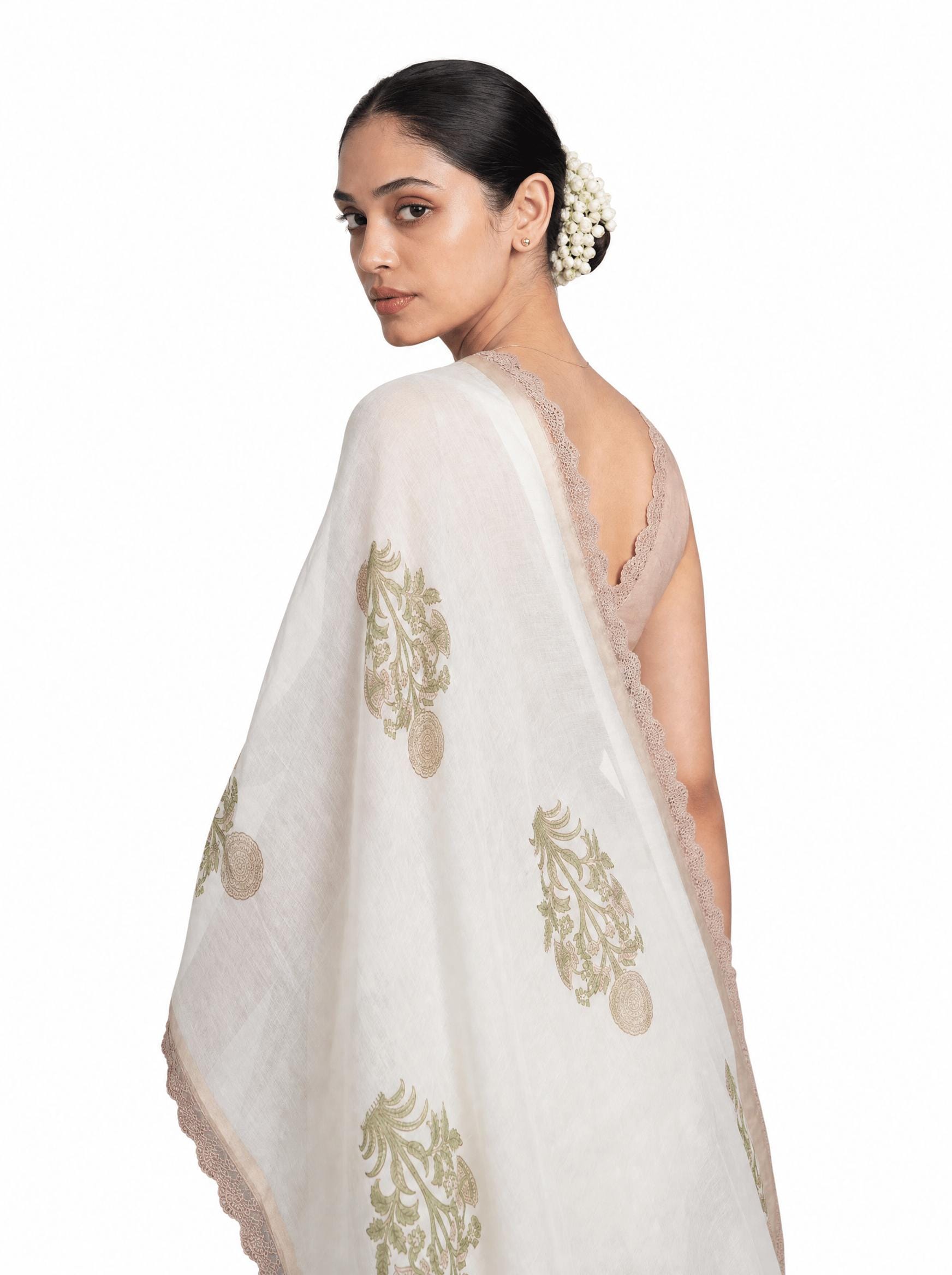 Hand Block Printed Mul Chanderi Saree Saree Pure White & Beige Mul Chanderi Saree