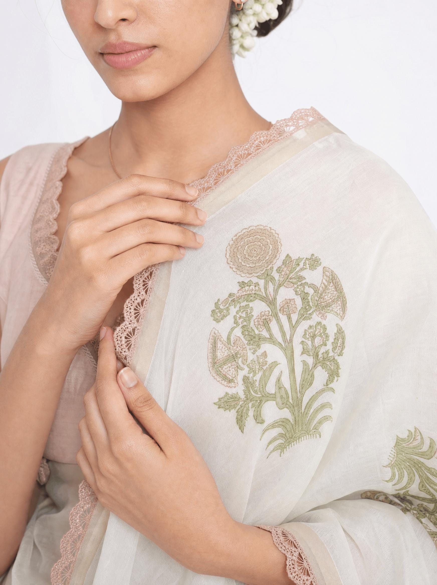 Hand Block Printed Mul Chanderi Saree Saree Pure White & Beige Mul Chanderi Saree