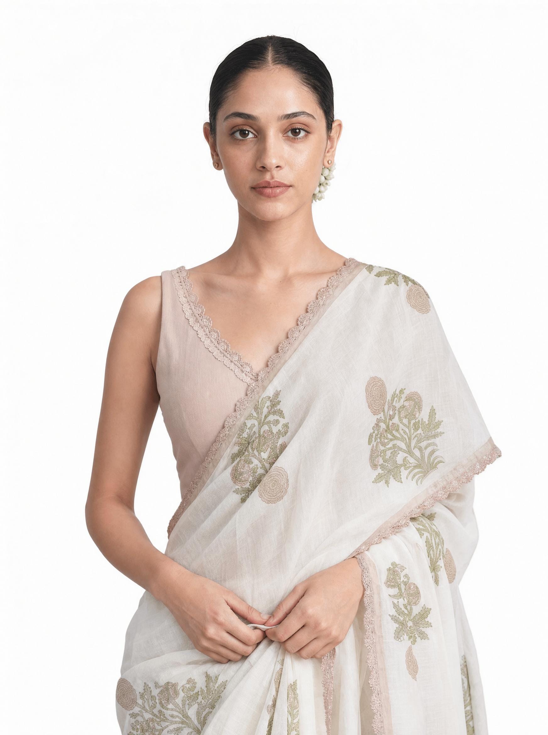 Hand Block Printed Mul Chanderi Saree Saree Pure White & Beige Mul Chanderi Saree