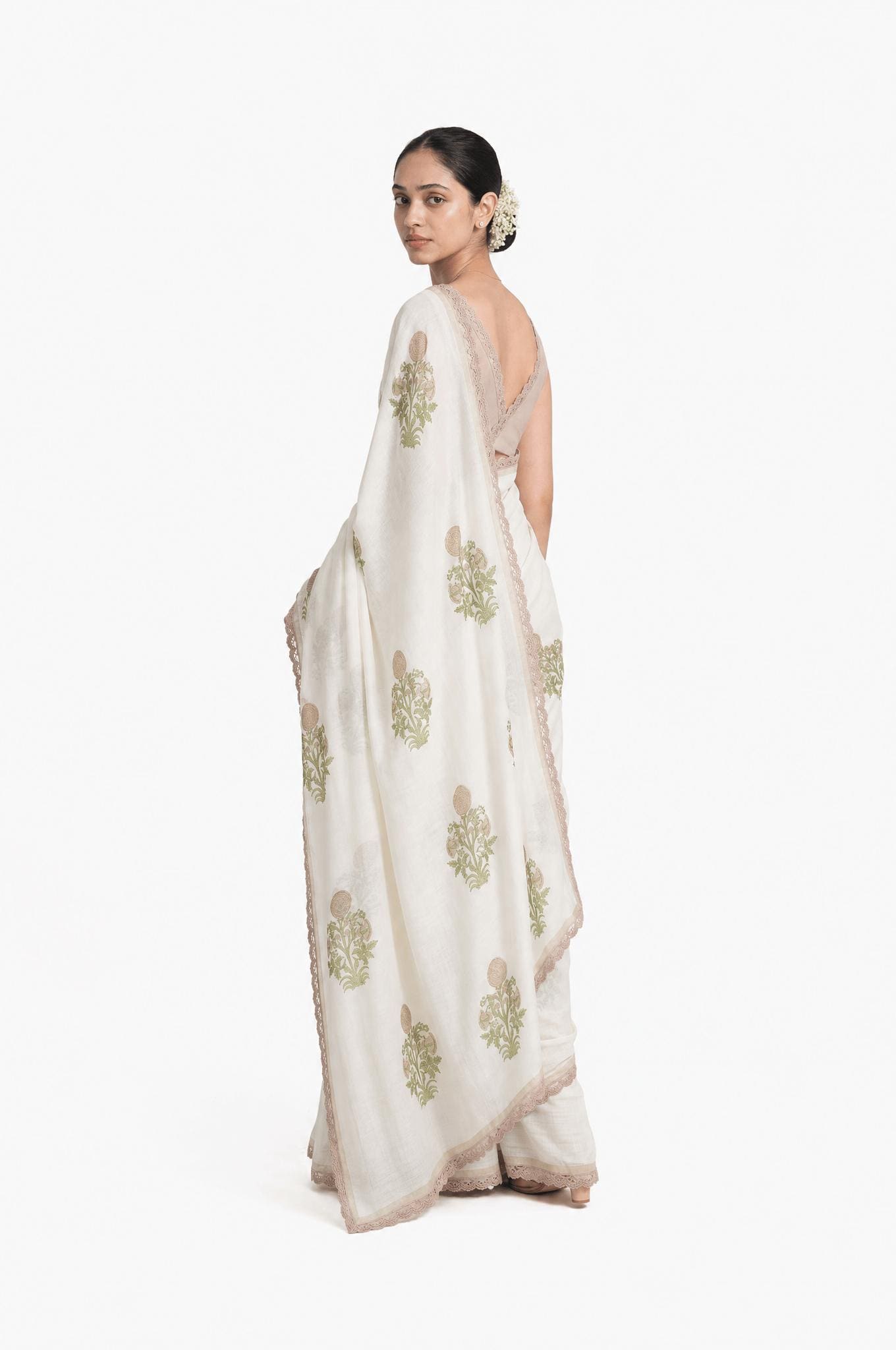 Hand Block Printed Mul Chanderi Saree Saree Pure White & Beige Mul Chanderi Saree