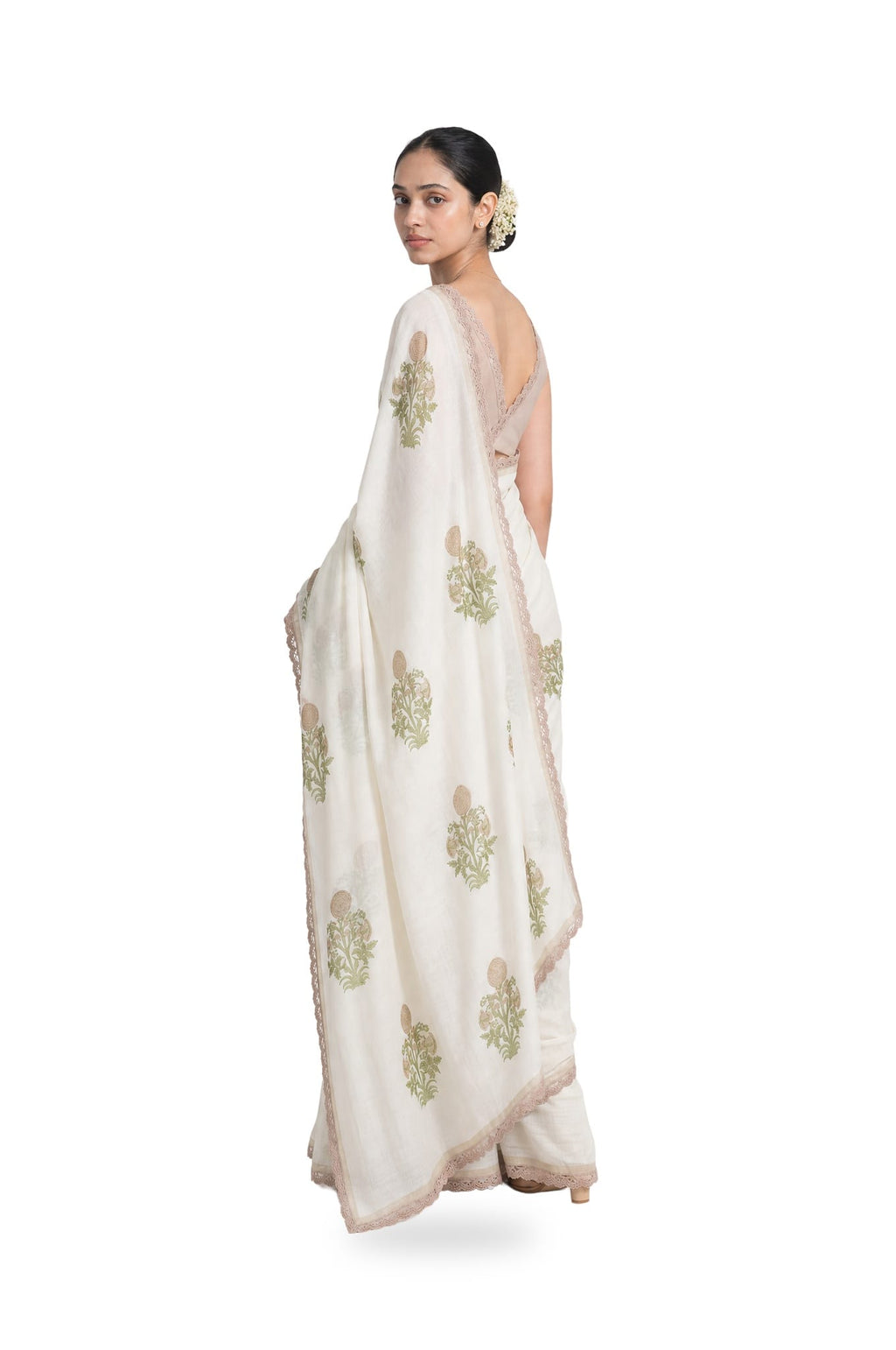 Hand Block Printed Mul Chanderi Saree Saree Pure White & Beige Mul Chanderi Saree