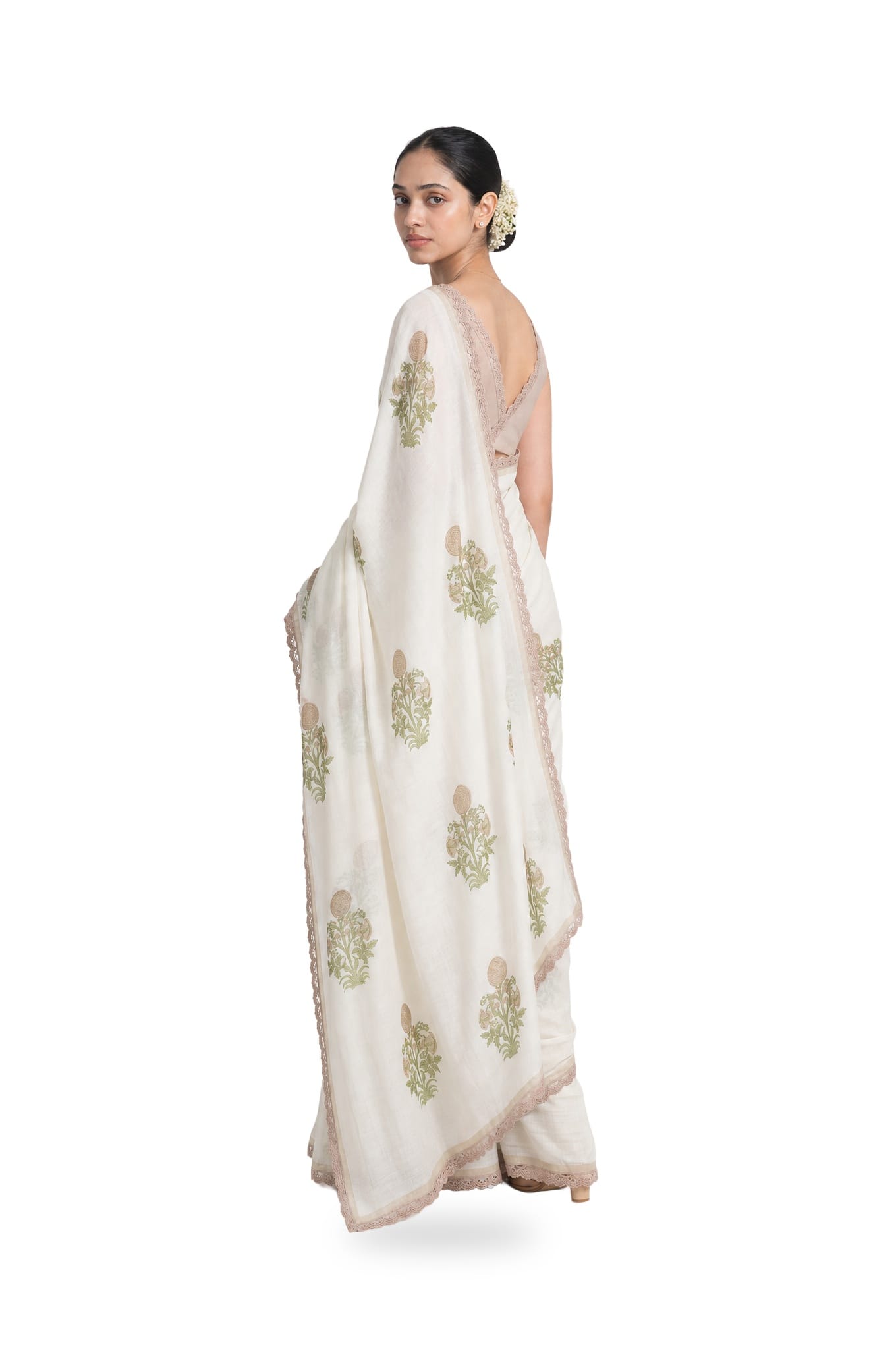 Hand Block Printed Mul Chanderi Saree Saree Pure White & Beige Mul Chanderi Saree