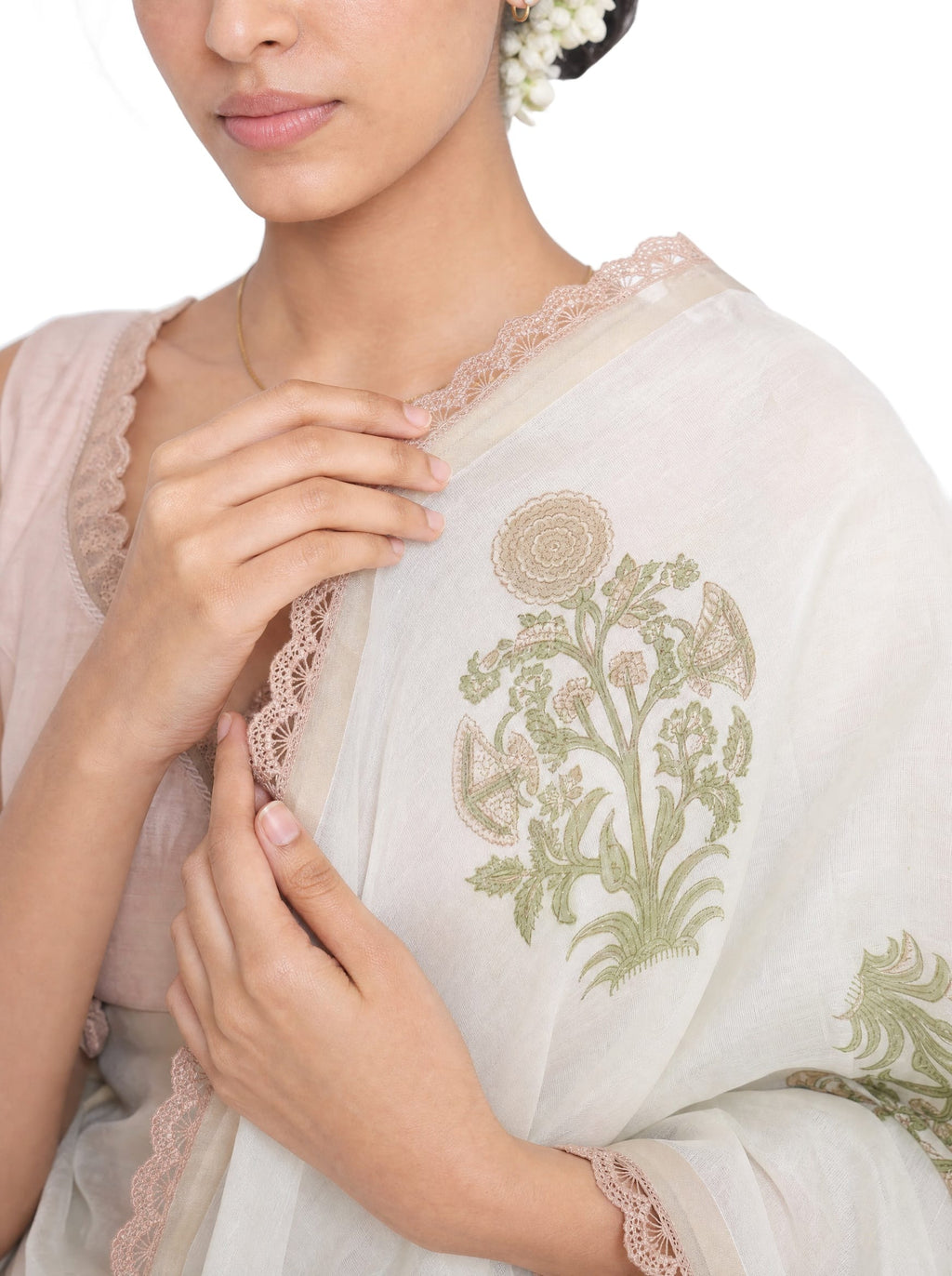 Hand Block Printed Mul Chanderi Saree Saree Pure White & Beige Mul Chanderi Saree
