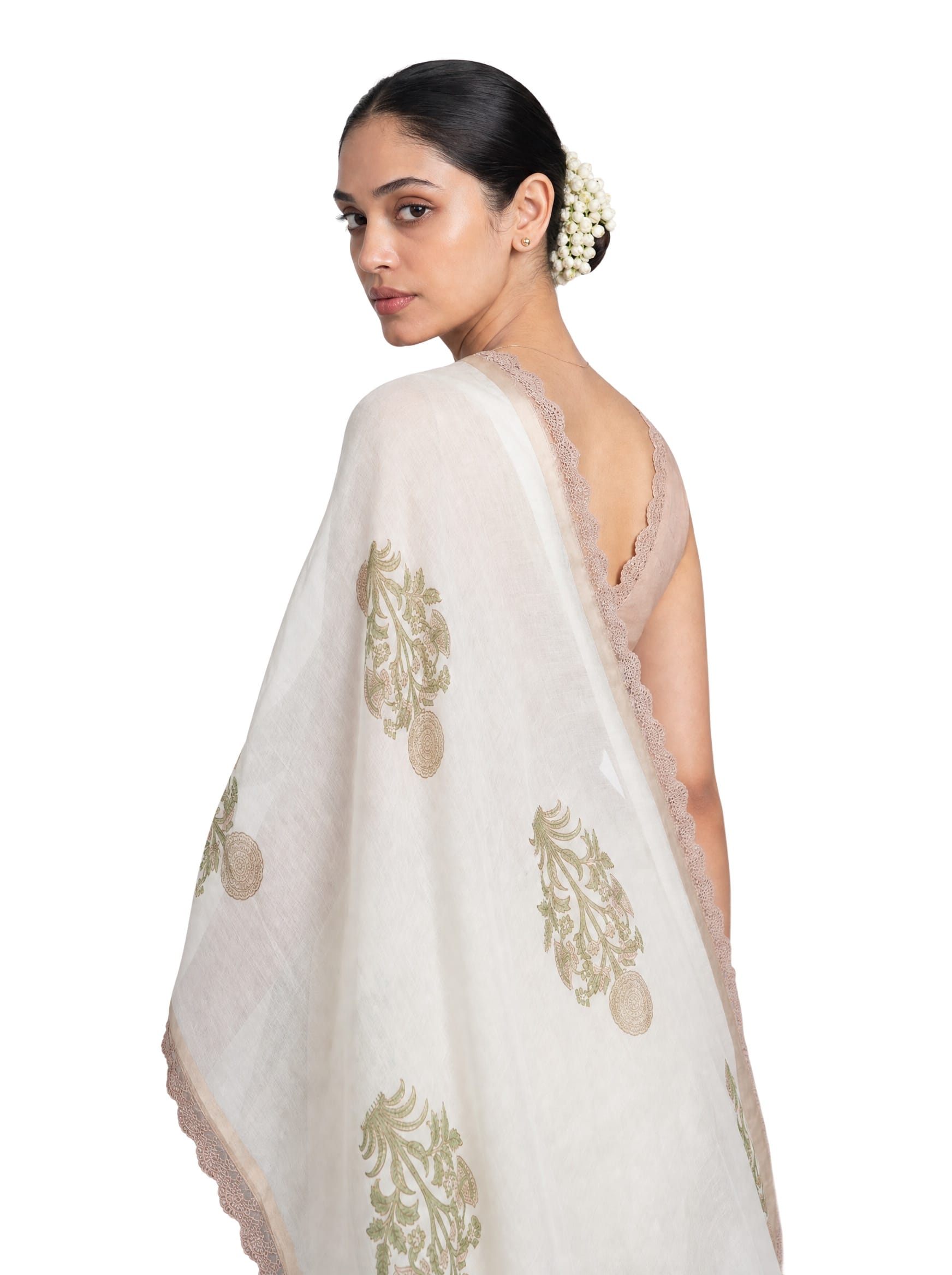 Hand Block Printed Mul Chanderi Saree Saree Pure White & Beige Mul Chanderi Saree
