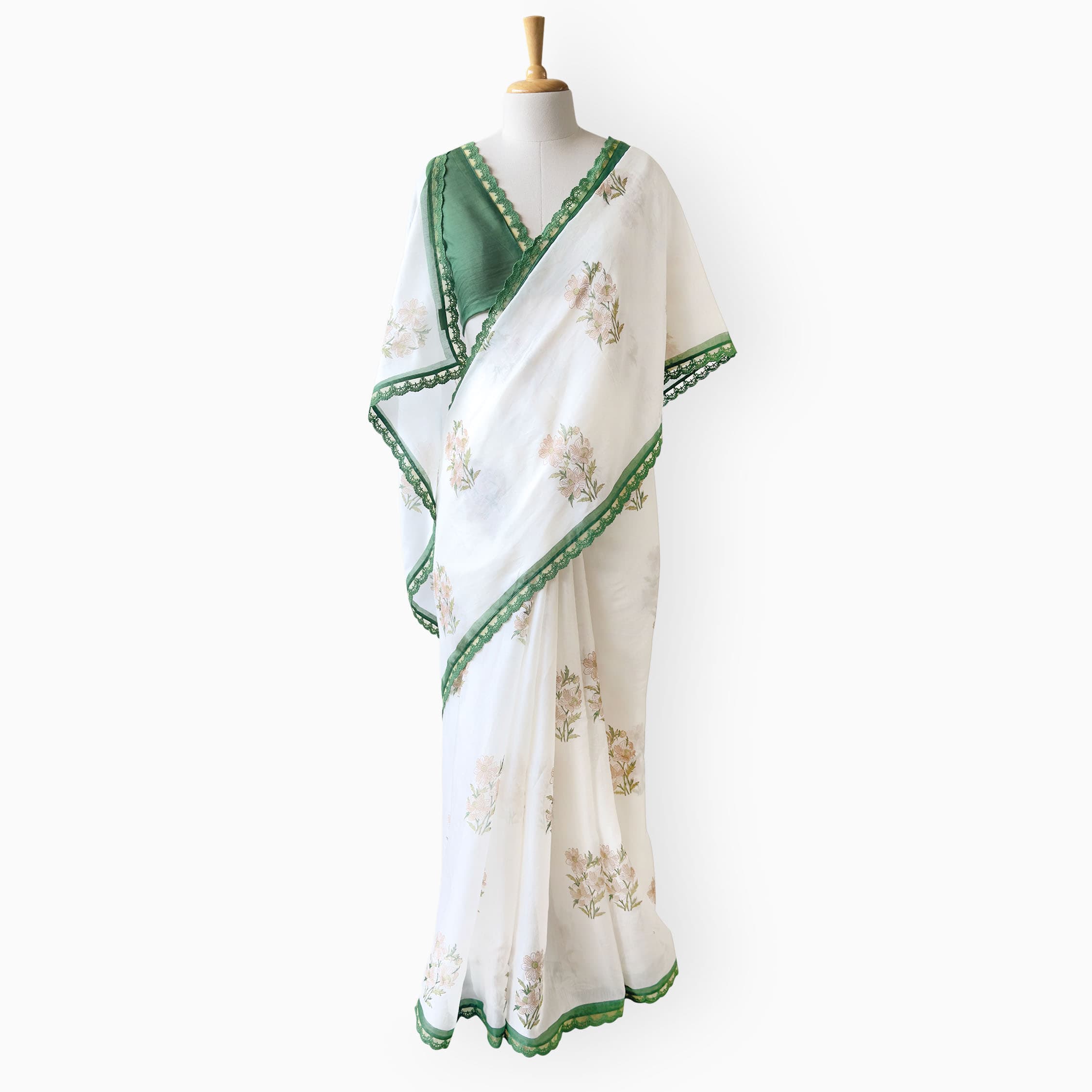 Hand Block Printed Mul Chanderi Saree Saree Pure White & Green Mul Chanderi Saree