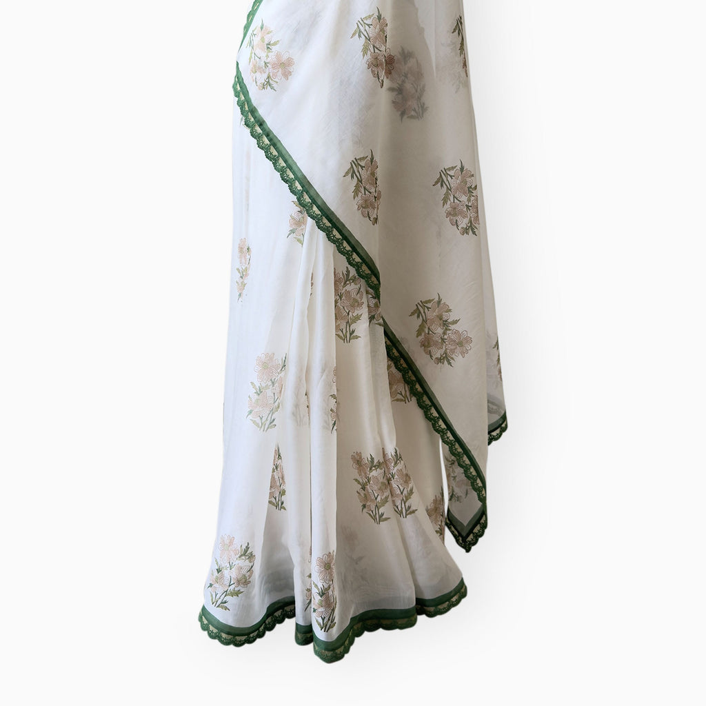 Hand Block Printed Mul Chanderi Saree Saree Pure White & Green Mul Chanderi Saree