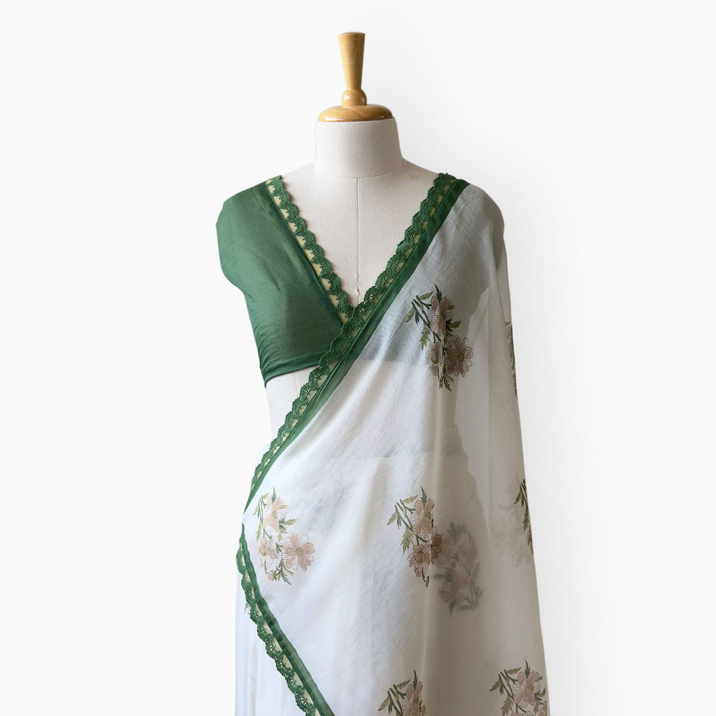 Hand Block Printed Mul Chanderi Saree Saree Pure White & Green Mul Chanderi Saree