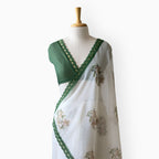 Hand Block Printed Mul Chanderi Saree Saree Pure White & Green Mul Chanderi Saree