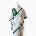 Hand Block Printed Mul Chanderi Saree Saree Pure White & Green Mul Chanderi Saree