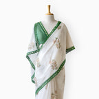 Hand Block Printed Mul Chanderi Saree Saree Pure White & Green Mul Chanderi Saree