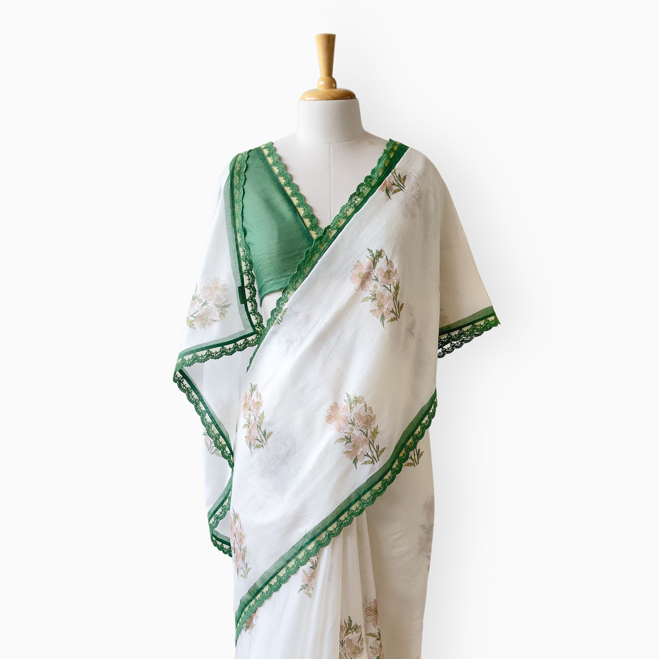 Hand Block Printed Mul Chanderi Saree Saree Pure White & Green Mul Chanderi Saree