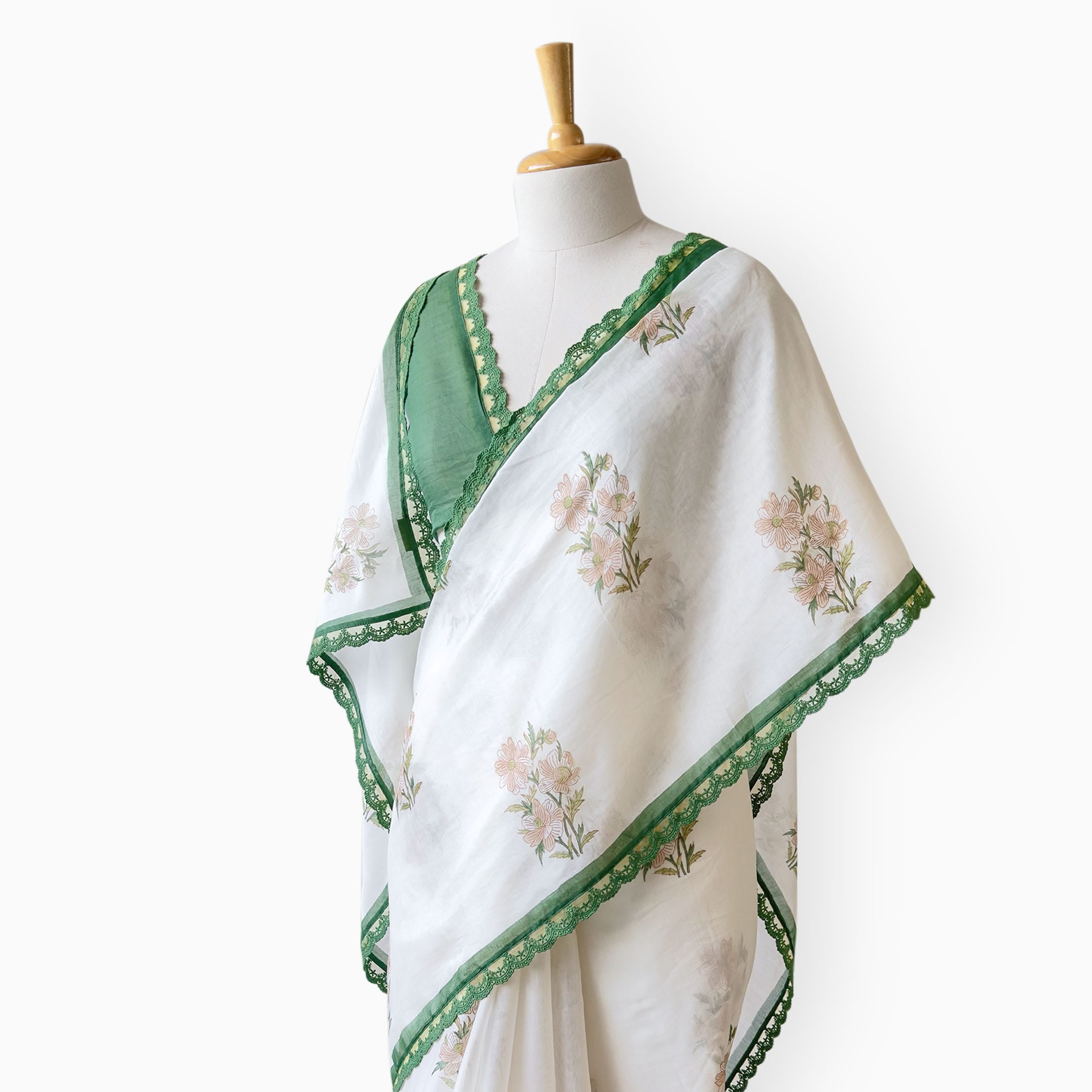 Hand Block Printed Mul Chanderi Saree Saree Pure White & Green Mul Chanderi Saree