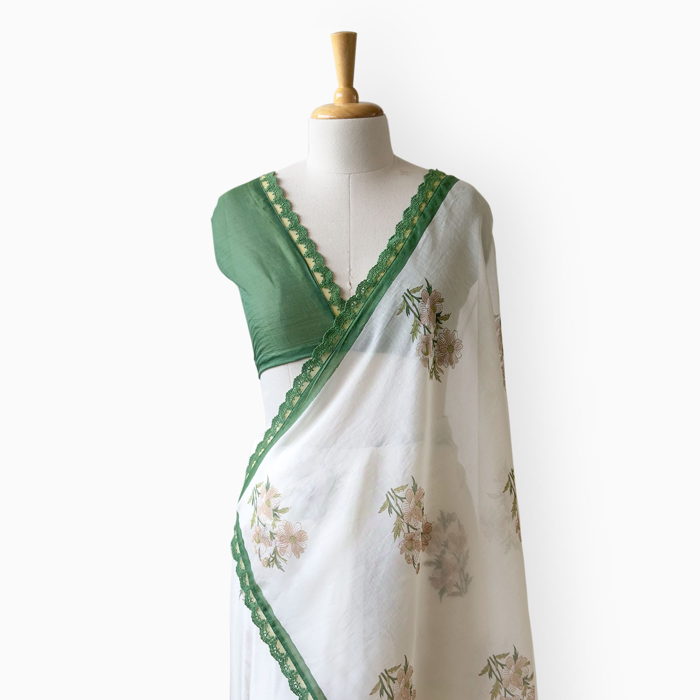 Hand Block Printed Mul Chanderi Saree Saree Pure White & Green Mul Chanderi Saree