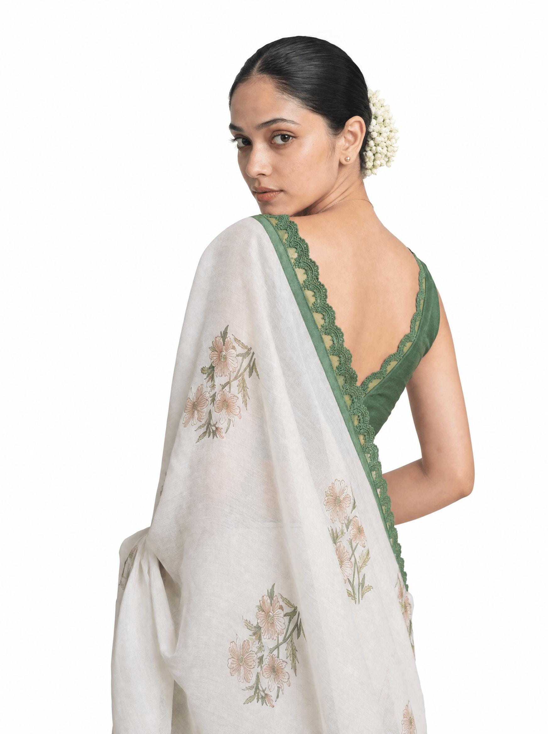 Hand Block Printed Mul Chanderi Saree Saree Pure White & Green Mul Chanderi Saree