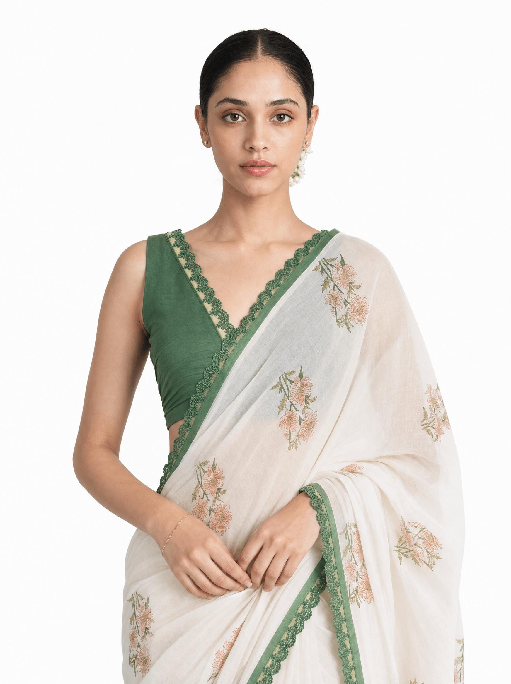 Hand Block Printed Mul Chanderi Saree Saree Pure White & Green Mul Chanderi Saree
