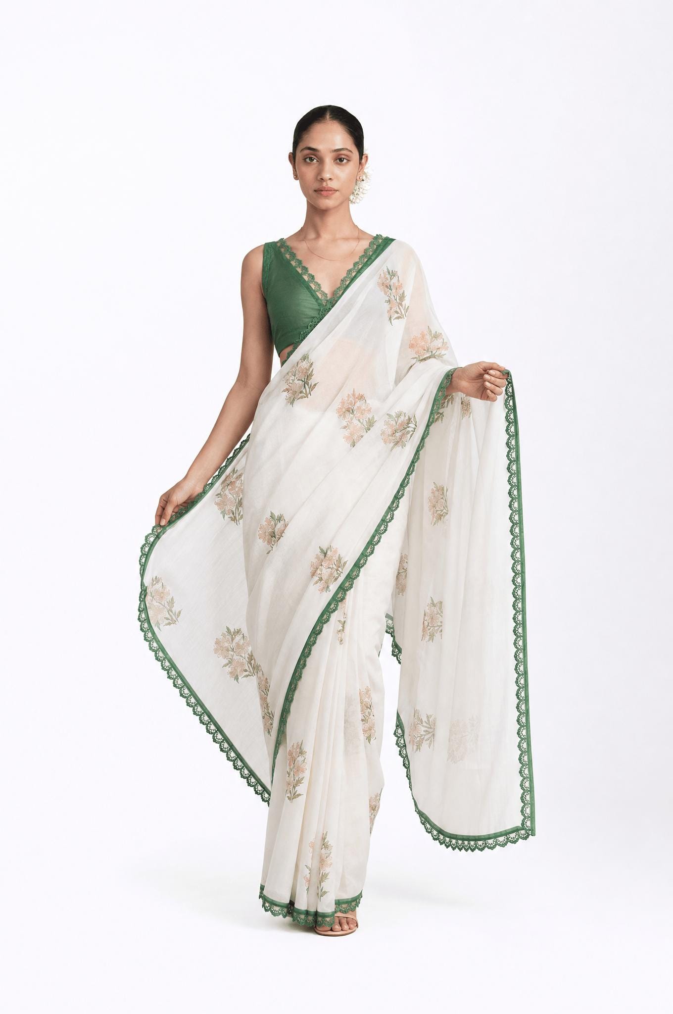 Hand Block Printed Mul Chanderi Saree Saree Pure White & Green Mul Chanderi Saree
