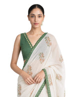 Hand Block Printed Mul Chanderi Saree Saree Pure White & Green Mul Chanderi Saree