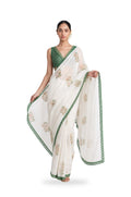 Hand Block Printed Mul Chanderi Saree Saree Pure White & Green Mul Chanderi Saree