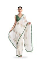 Hand Block Printed Mul Chanderi Saree Saree Pure White & Green Mul Chanderi Saree