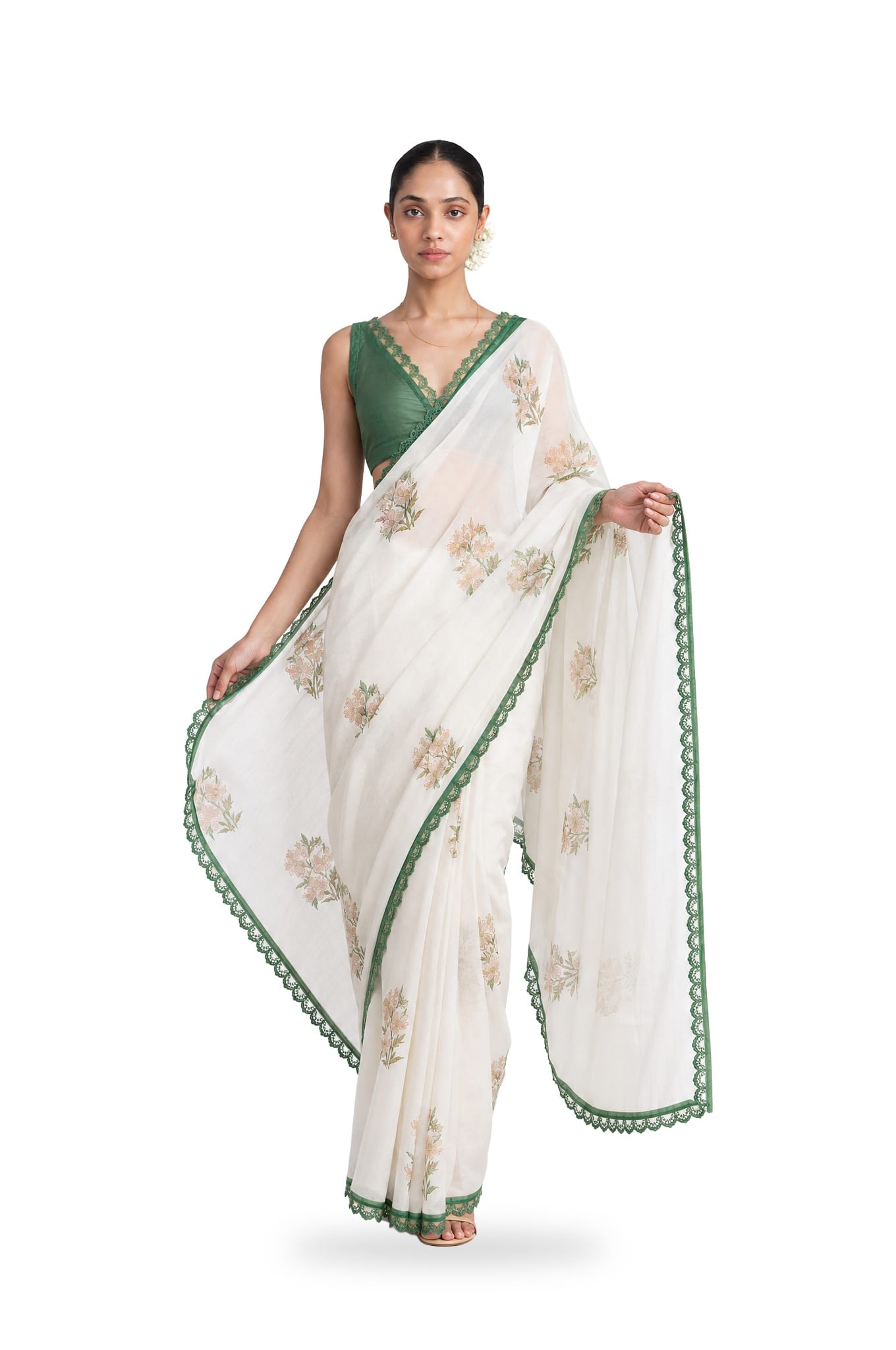 Hand Block Printed Mul Chanderi Saree Saree Pure White & Green Mul Chanderi Saree