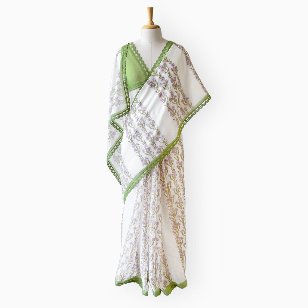 Hand Block Printed Mul Chanderi Saree Saree Pure White & Light Green Mul Chanderi Saree
