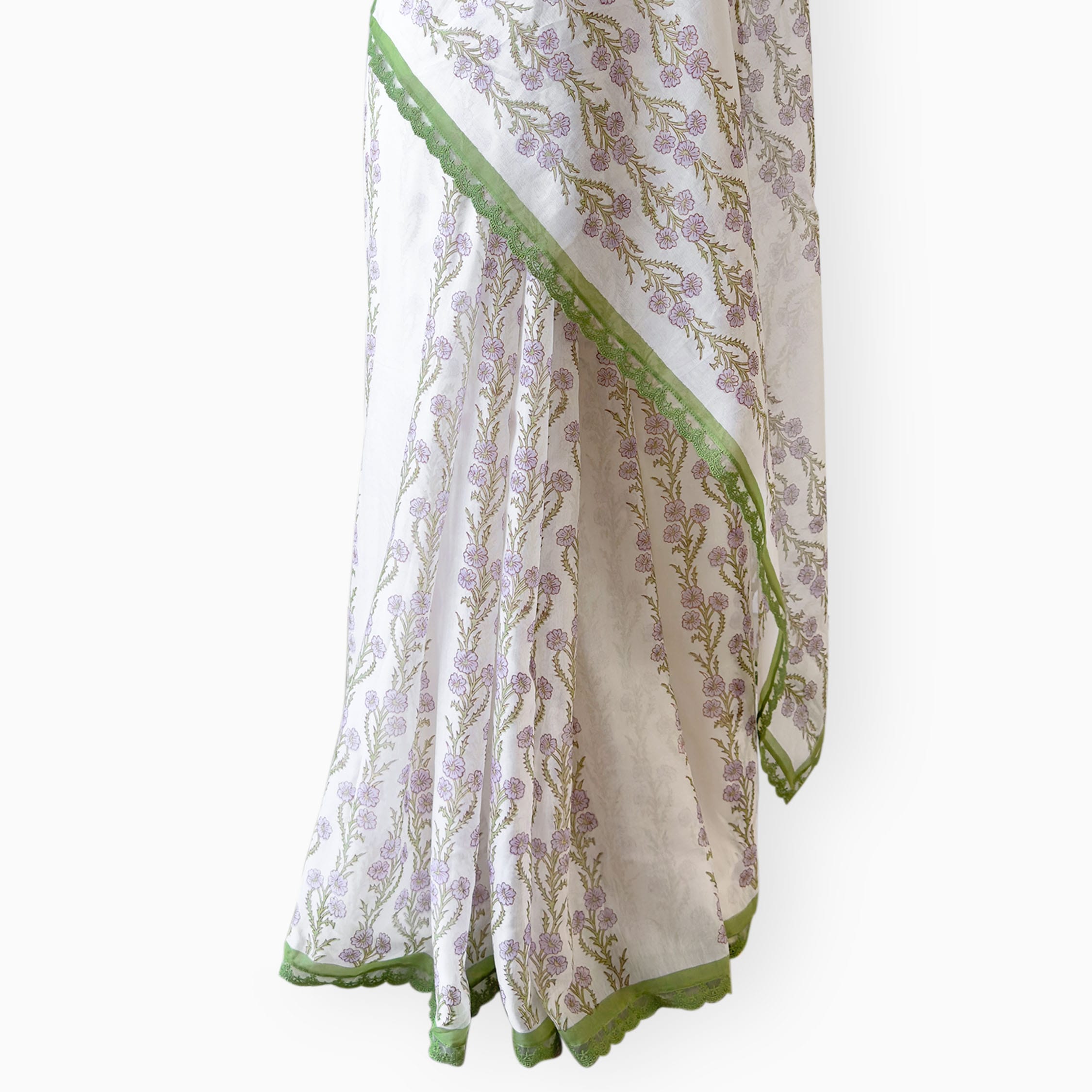 Hand Block Printed Mul Chanderi Saree Saree Pure White & Light Green Mul Chanderi Saree
