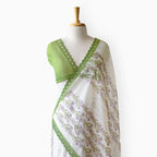 Hand Block Printed Mul Chanderi Saree Saree Pure White & Light Green Mul Chanderi Saree