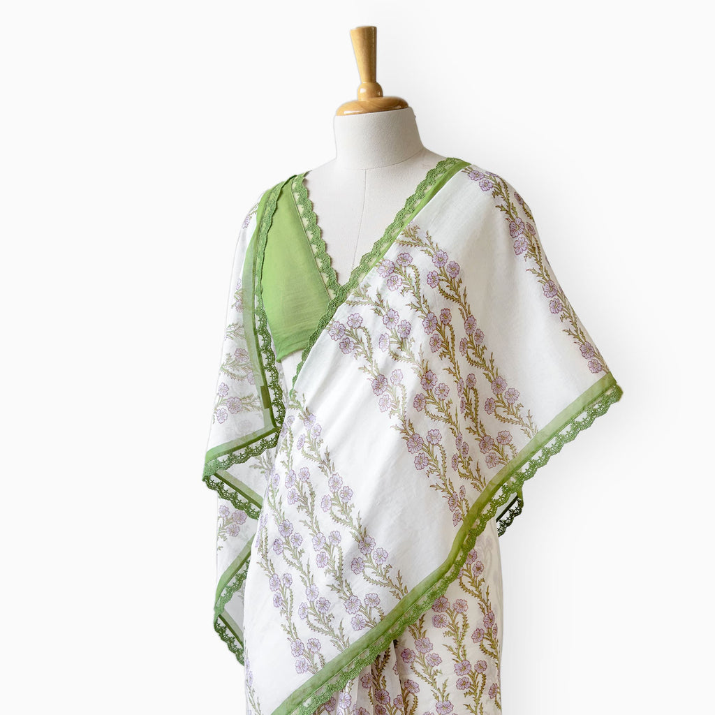 Hand Block Printed Mul Chanderi Saree Saree Pure White & Light Green Mul Chanderi Saree