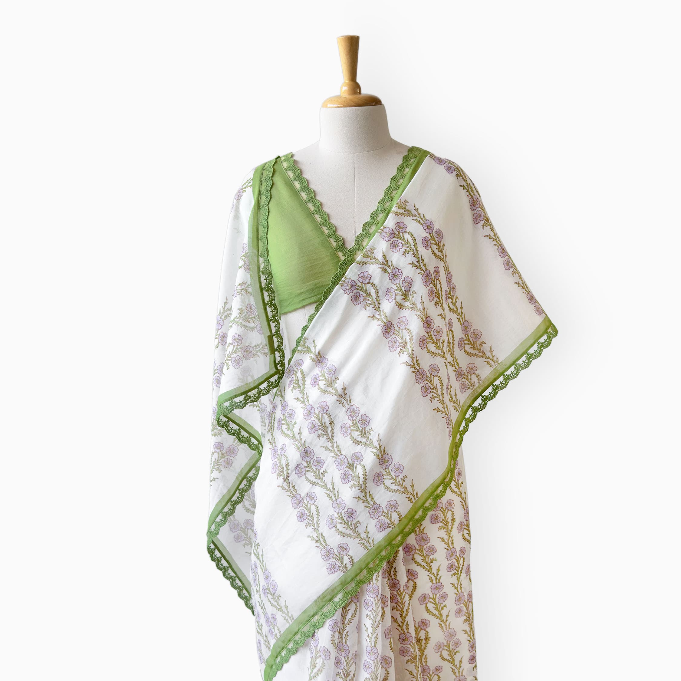 Hand Block Printed Mul Chanderi Saree Saree Pure White & Light Green Mul Chanderi Saree