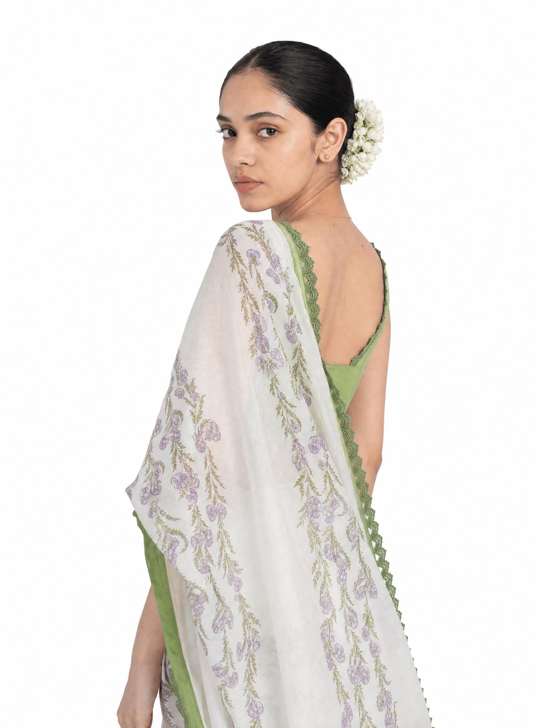 Hand Block Printed Mul Chanderi Saree Saree Pure White & Light Green Mul Chanderi Saree