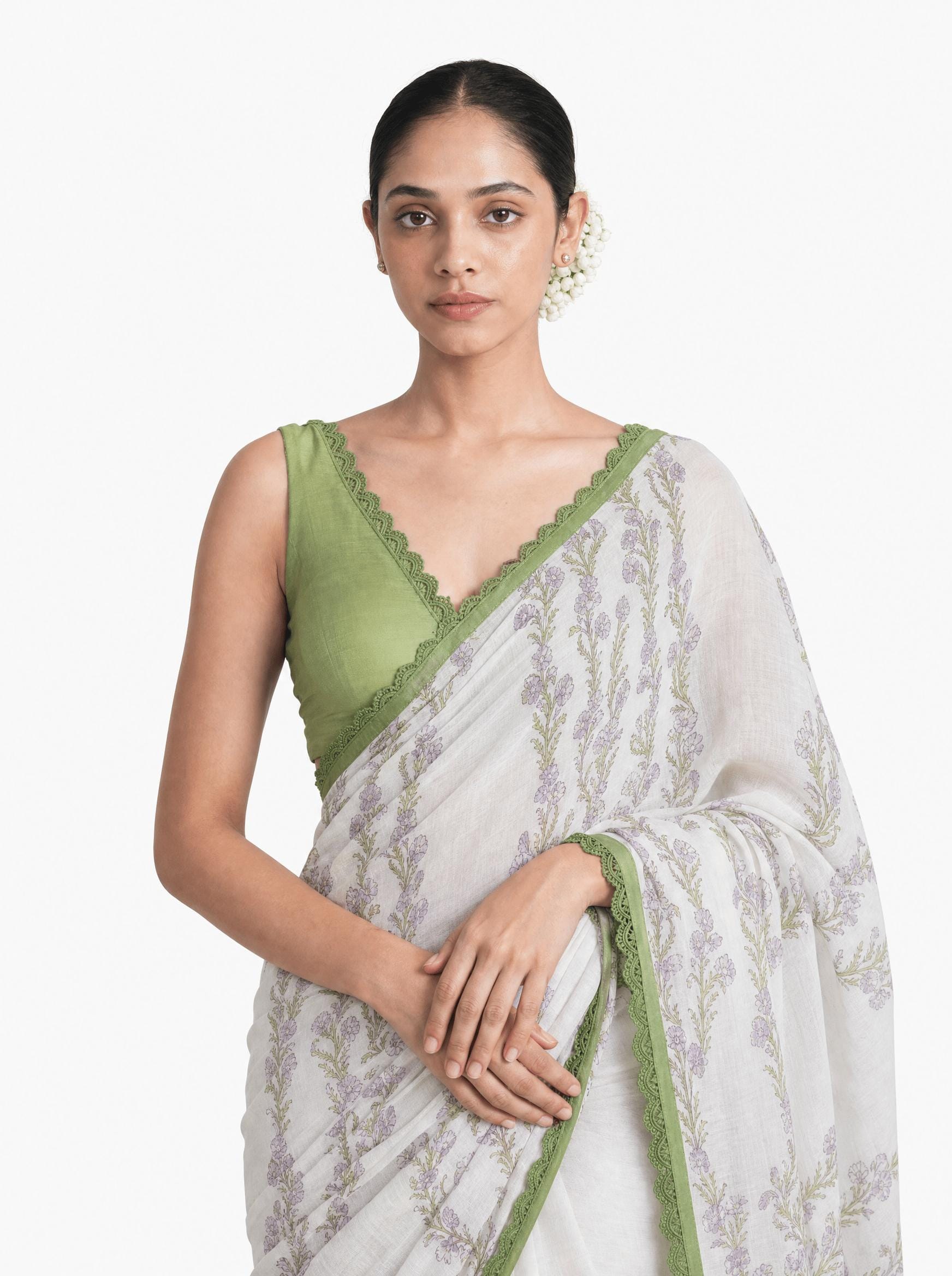 Hand Block Printed Mul Chanderi Saree Saree Pure White & Light Green Mul Chanderi Saree