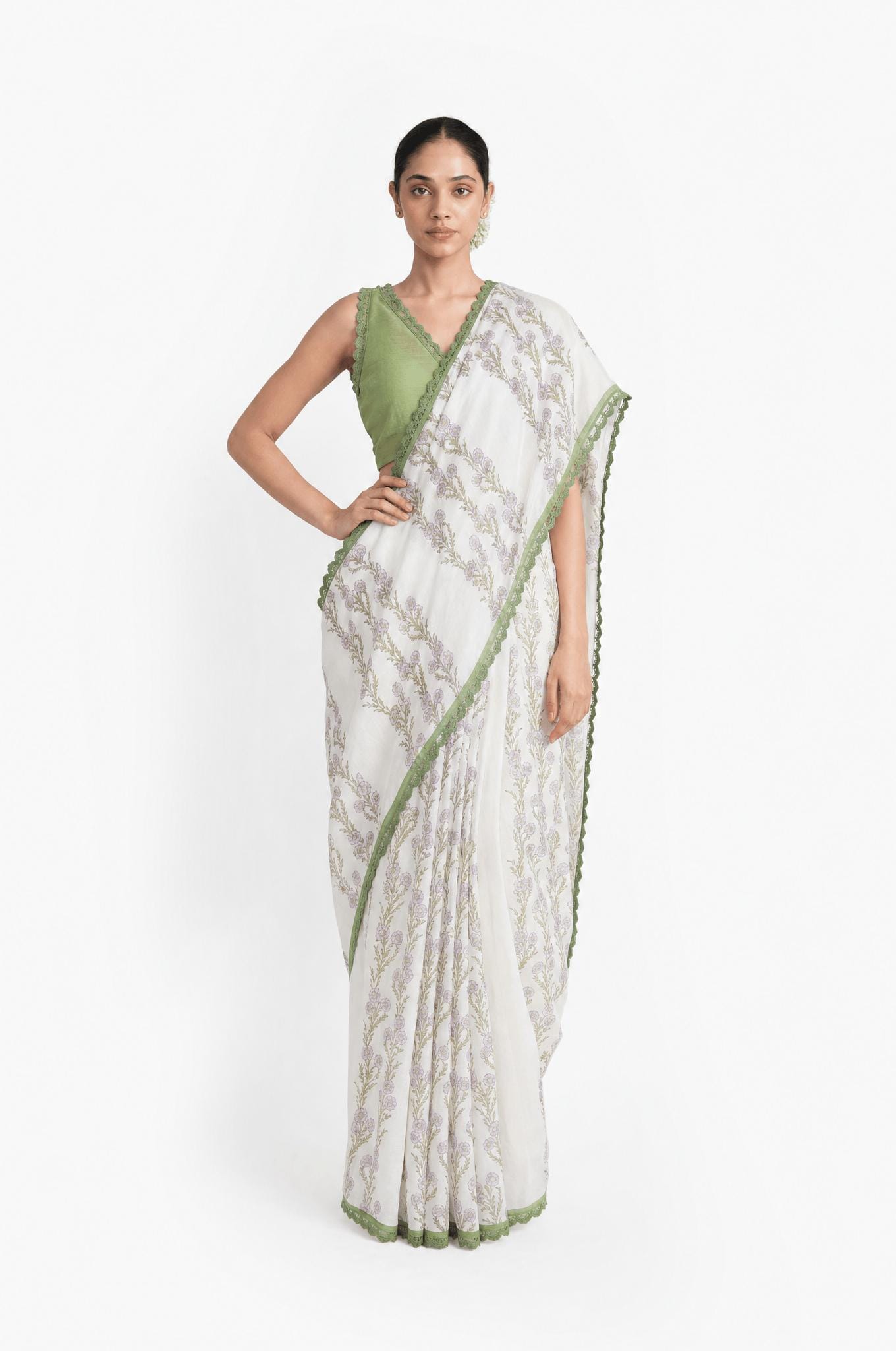 Hand Block Printed Mul Chanderi Saree Saree Pure White & Light Green Mul Chanderi Saree