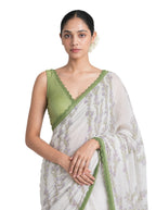 Hand Block Printed Mul Chanderi Saree Saree Pure White & Light Green Mul Chanderi Saree