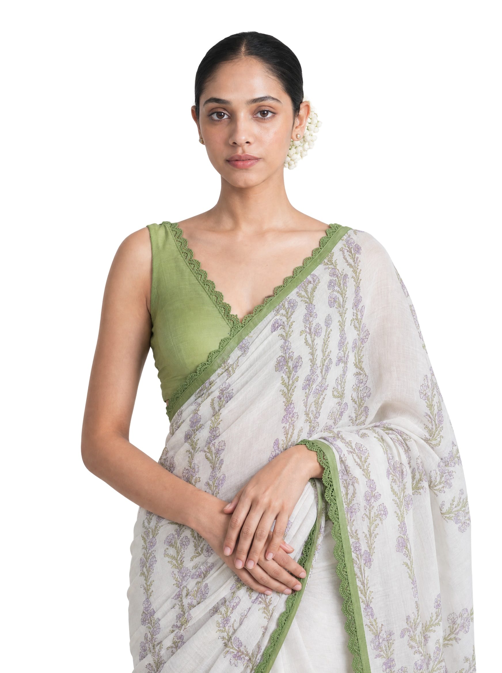 Hand Block Printed Mul Chanderi Saree Saree Pure White & Light Green Mul Chanderi Saree