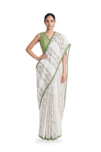 Hand Block Printed Mul Chanderi Saree Saree Pure White & Light Green Mul Chanderi Saree