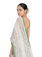 Hand Block Printed Mul Chanderi Saree Saree Pure White & Light Green Mul Chanderi Saree