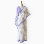 Hand Block Printed Mul Chanderi Saree Saree Pure White & Lilac Mul Chanderi Saree