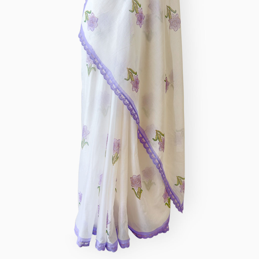 Hand Block Printed Mul Chanderi Saree Saree Pure White & Lilac Mul Chanderi Saree
