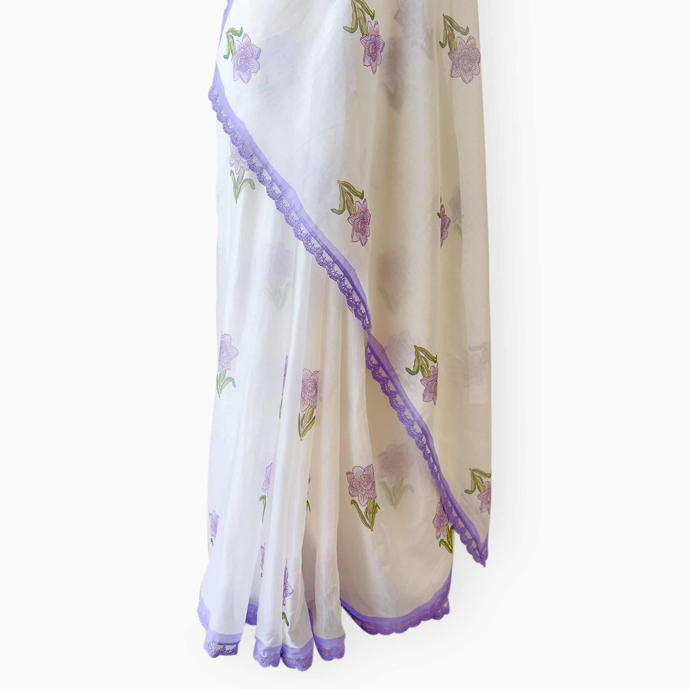Hand Block Printed Mul Chanderi Saree Saree Pure White & Lilac Mul Chanderi Saree