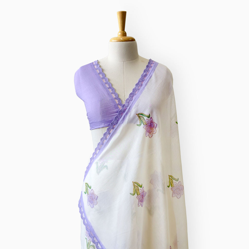 Hand Block Printed Mul Chanderi Saree Saree Pure White & Lilac Mul Chanderi Saree