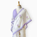 Hand Block Printed Mul Chanderi Saree Saree Pure White & Lilac Mul Chanderi Saree