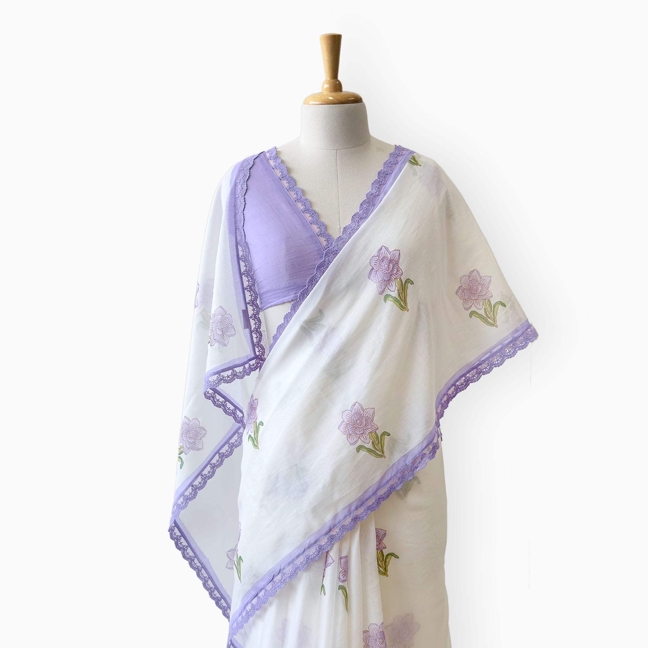 Hand Block Printed Mul Chanderi Saree Saree Pure White & Lilac Mul Chanderi Saree