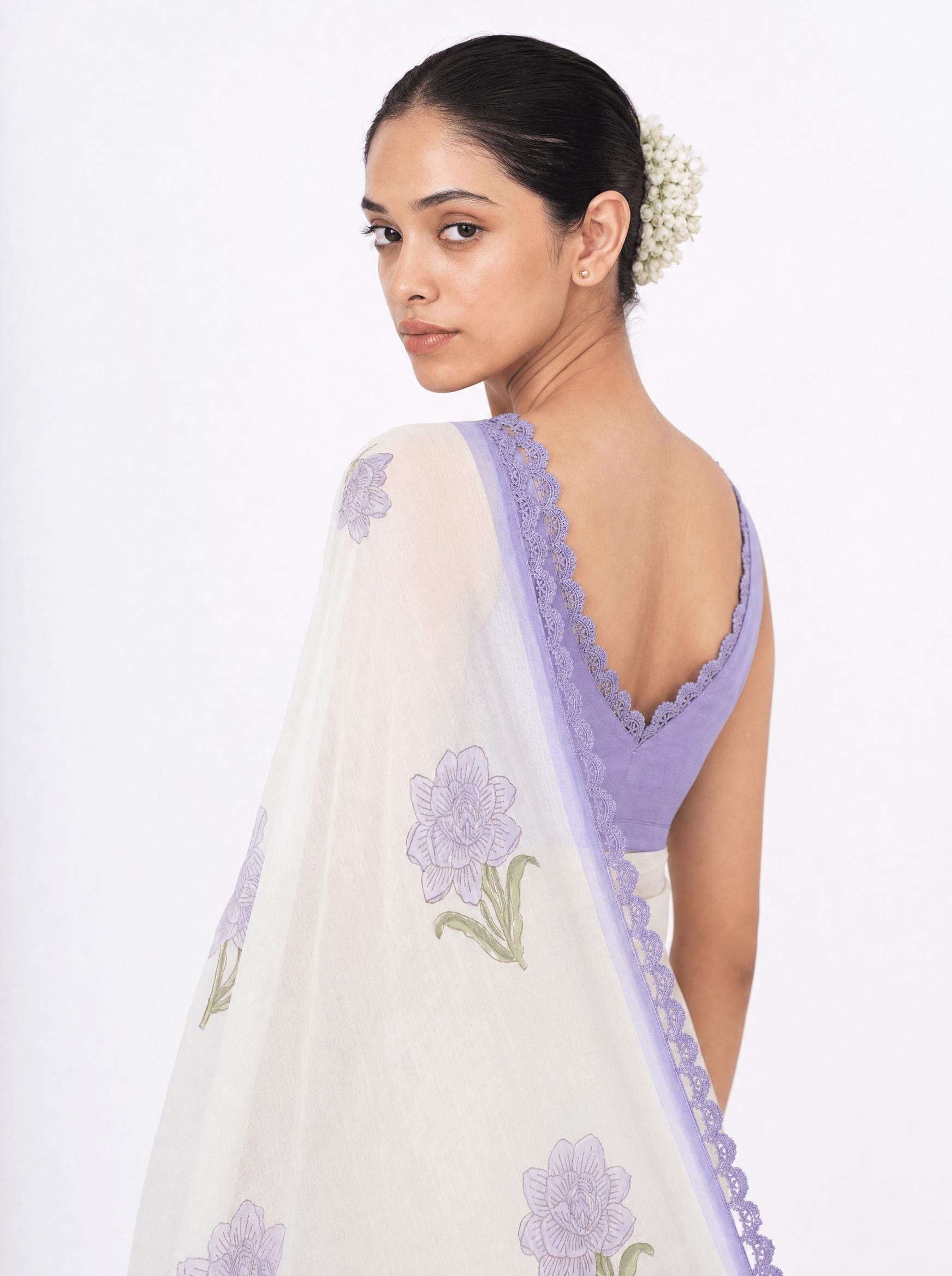 Hand Block Printed Mul Chanderi Saree Saree Pure White & Lilac Mul Chanderi Saree