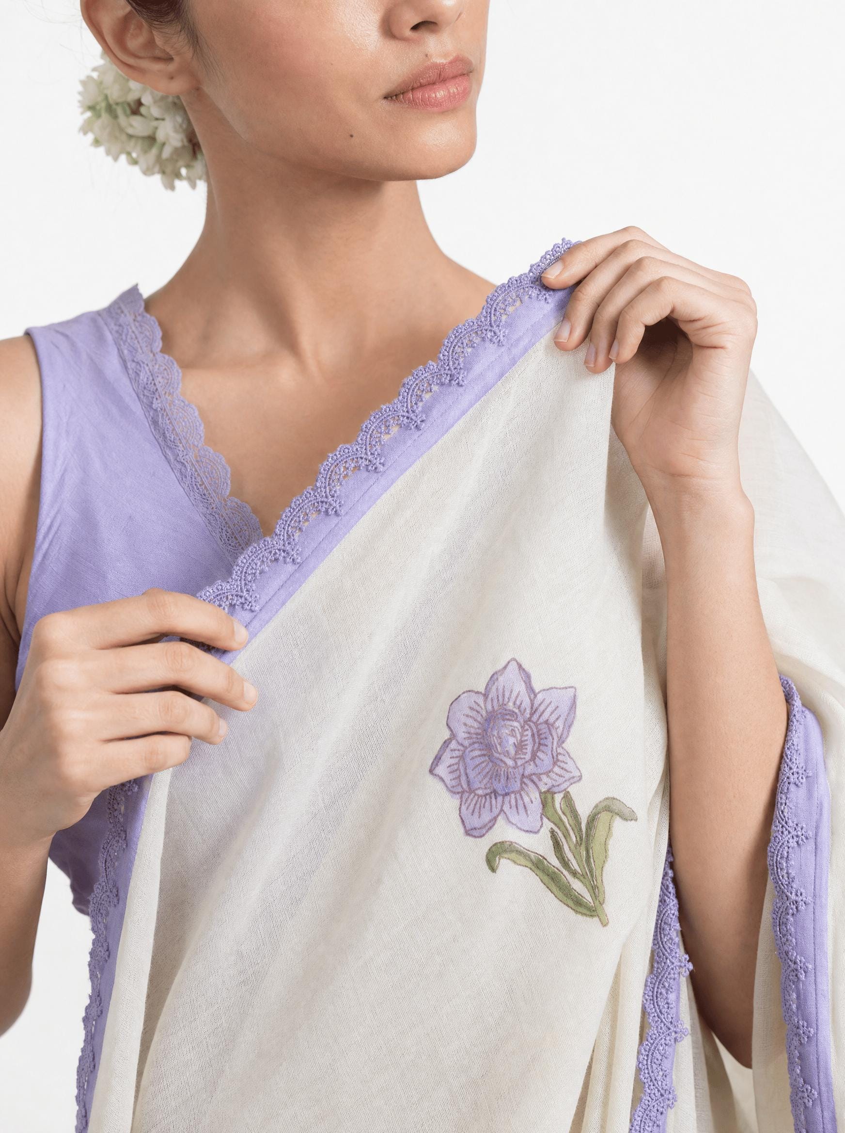 Hand Block Printed Mul Chanderi Saree Saree Pure White & Lilac Mul Chanderi Saree