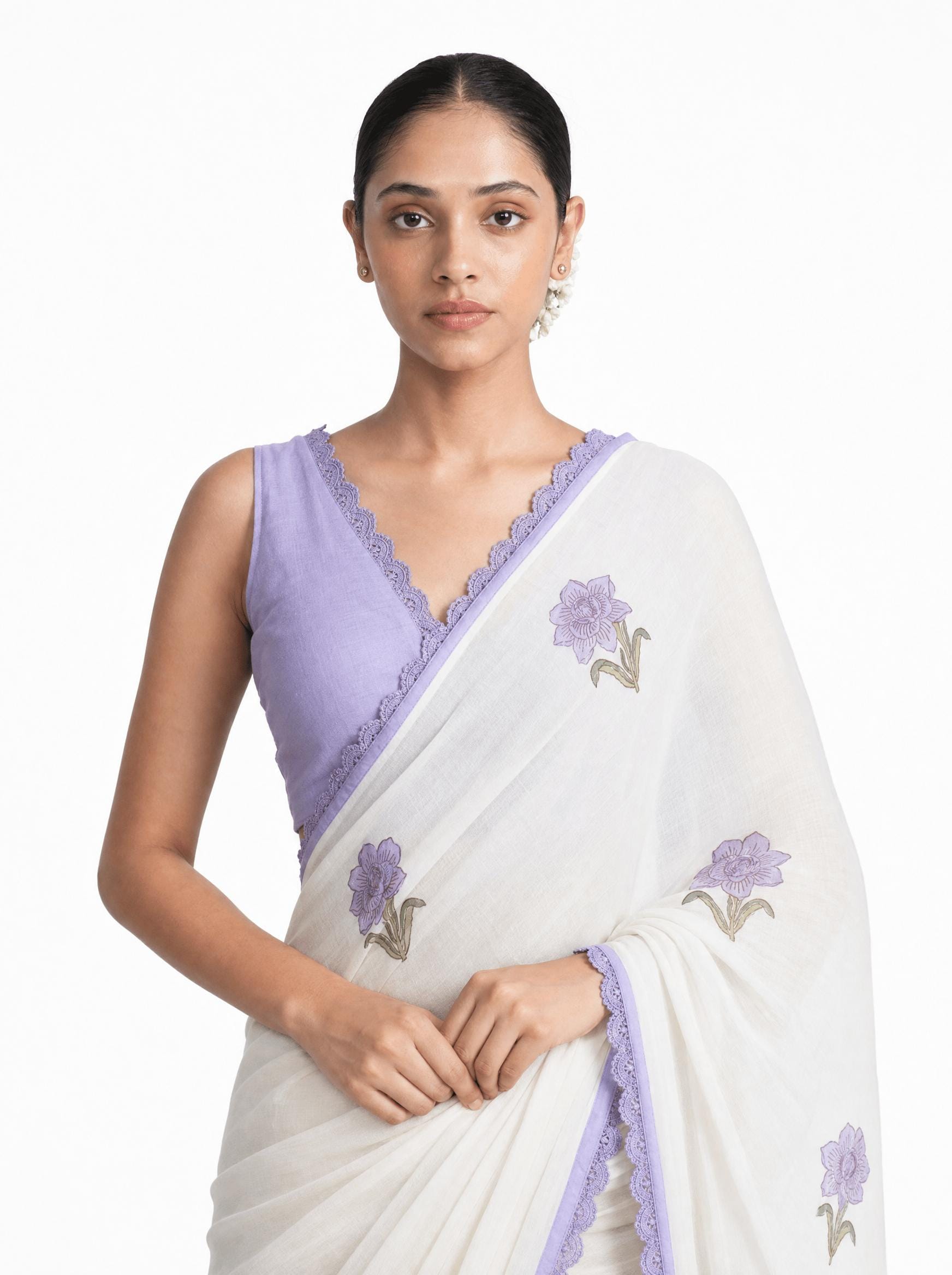 Hand Block Printed Mul Chanderi Saree Saree Pure White & Lilac Mul Chanderi Saree
