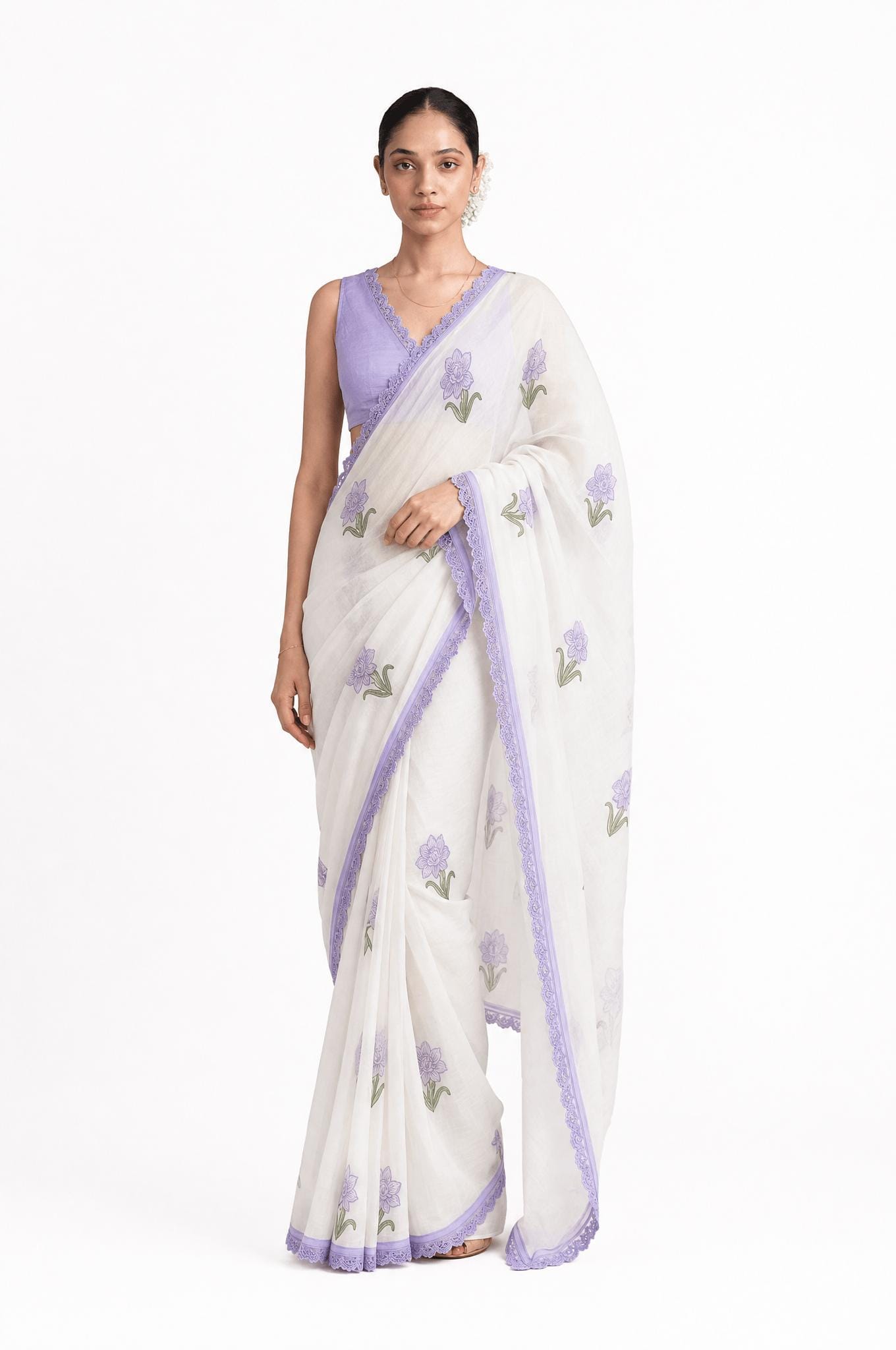 Hand Block Printed Mul Chanderi Saree Saree Pure White & Lilac Mul Chanderi Saree