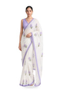 Hand Block Printed Mul Chanderi Saree Saree Pure White & Lilac Mul Chanderi Saree