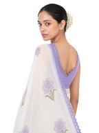 Hand Block Printed Mul Chanderi Saree Saree Pure White & Lilac Mul Chanderi Saree
